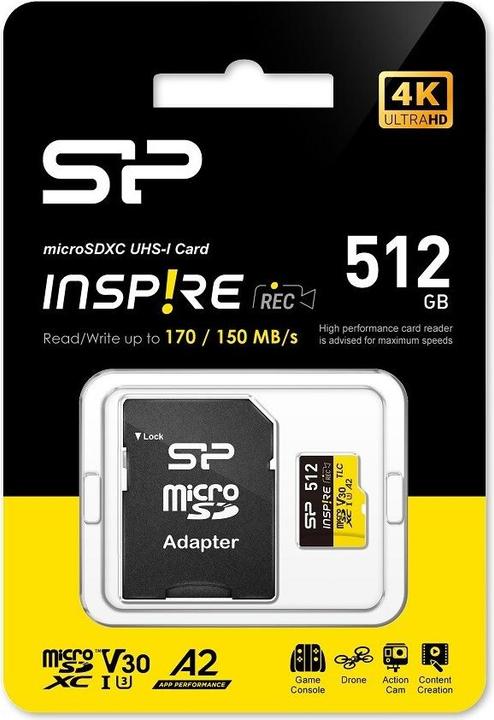 Image du produit Silicon Power Cartes mémoire Inspire 512Go, DDR200, W/A, CL10, V30, A2, TF SDXC UHS-IU3 (512 Go, microSDXC, U3, UHS-I)