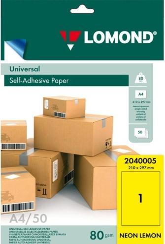Actual product image Lomond Self-Adhesive Paper Universal Labels, 1/210x297, A4, 50 sheets, Lemon neon