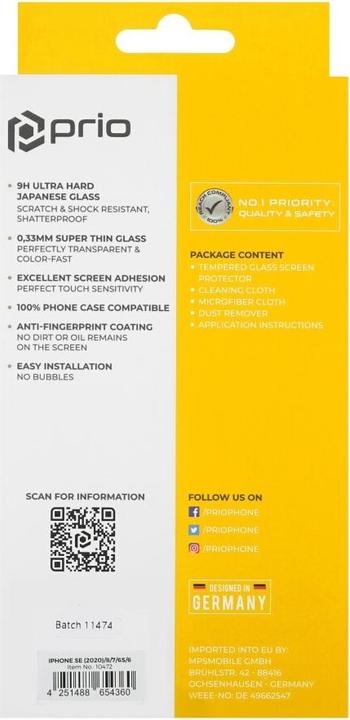 Produktbild prio Displayschutzglas (1 Stück, Apple iPhone 6s, Apple iPhone SE (3rd Gen), Apple iPhone SE (2nd Gen), Apple iPhone 6, Apple iPhone 8, Apple iPhone 7)