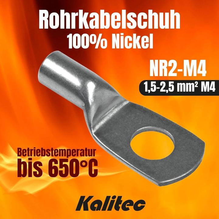 Produktbild Kalitec 10 Stück NR2-M4 Rohrkabelschuh Reinnickel 1,5-2,5mm² M4 I für sehr hohe Temperaturen bis zu