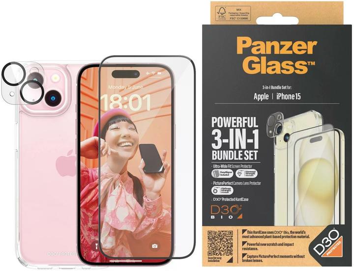 PanzerGlass 3-in-1 pack (1 Piece, Apple iPhone 15)