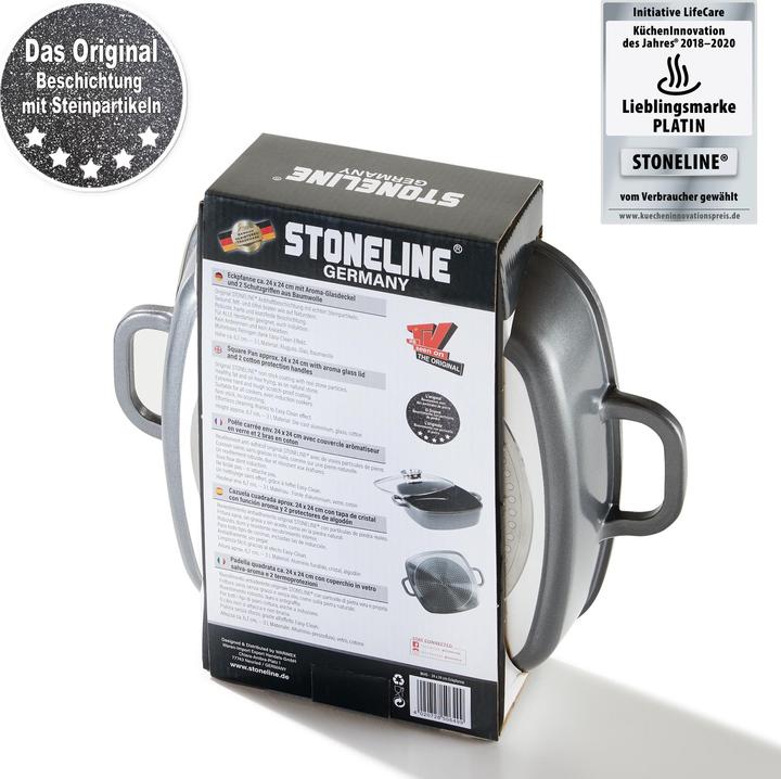 Produktbild Stoneline Eckpfanne 24x24 cm mit Aroma Glasdeckel, Pfanne rechteckig, Backofen, Induktion geeignet (Pfannenset + Topfset, Aluminium)