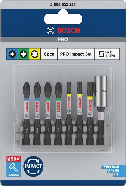 Immagine prodotto Bosch Professional Zubehör Bit per cacciavite Impact Control Power Pack, 8 pezzi T20, T25, T30, 2x PH2, 2x PZ2 (Presa esagonale TX M20, Presa esagonale TX M30, Esagono incassato TX M25, Croce Phillips PH M2, Croce Pozidriv PZ M2)