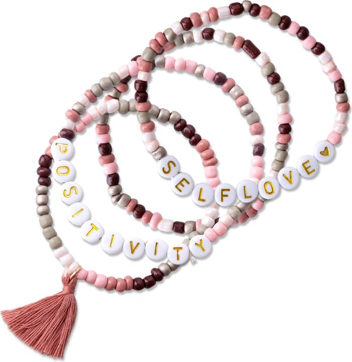 Papierdrachen 4 Perlenarmbänder – POSITIVITY und SELFLOVE (Kunststoff, Gummi, Stoff)