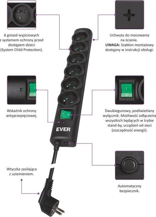 Productafbeelding Ever OPTIMA overspanningsbeveiliging (6 x, CEE 7/5, 3 m)