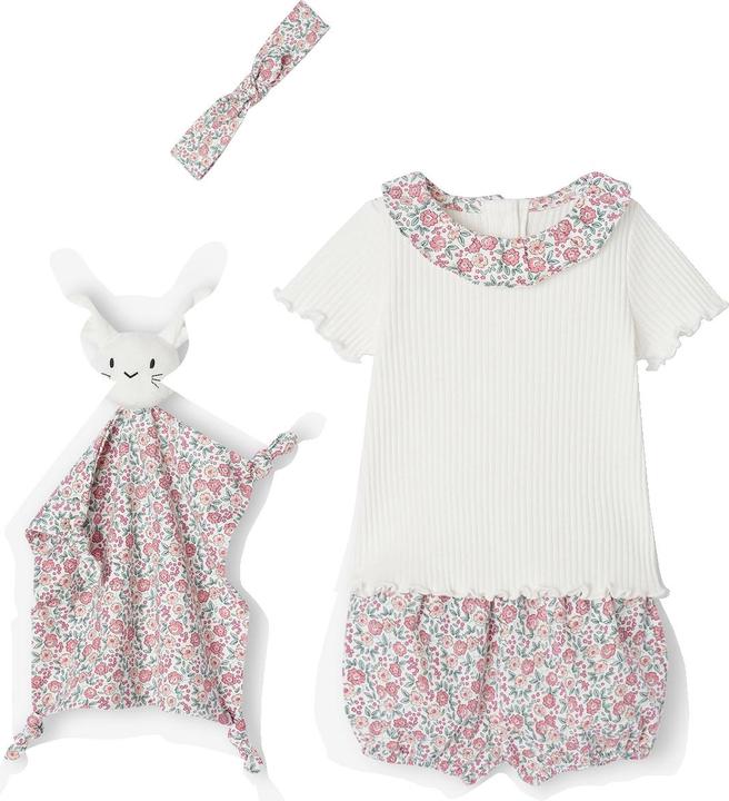 Vertbaudet Baby Geschenk-Set: T-Shirt, Shorts, Haarband & Schmusetuch