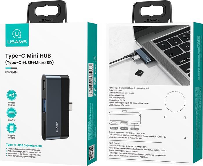 Actual product image Usams Adapter USB for Us US-SJ491 USB-C - USB + USB-C Black (6958444945620) (USB-C, 3 Ports)