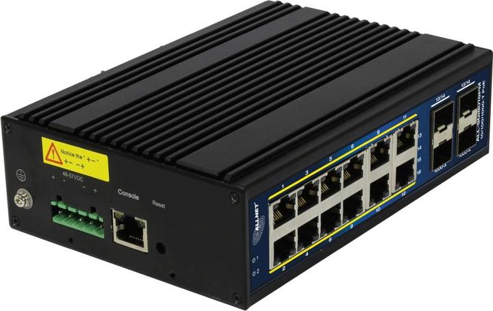 Actual product image Allnet Switch managed L2+/L3 industrial 16 port Gigabit / 12x PoE / 4x SFP / Fanless / DIN / IP40 (16 Ports)