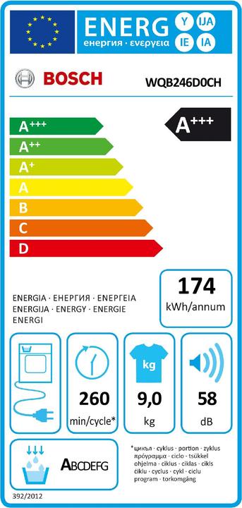 Label énergétique Bosch Hausgeräte WQB246D0CH (9 kg, Droite, Fiche CH)