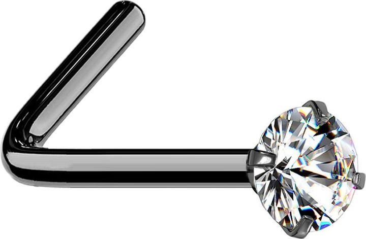 Star Piercing Nasenstecker gewinkelt schwarz runder Kristall silber gefasst (Chirurgenstahl 316L)