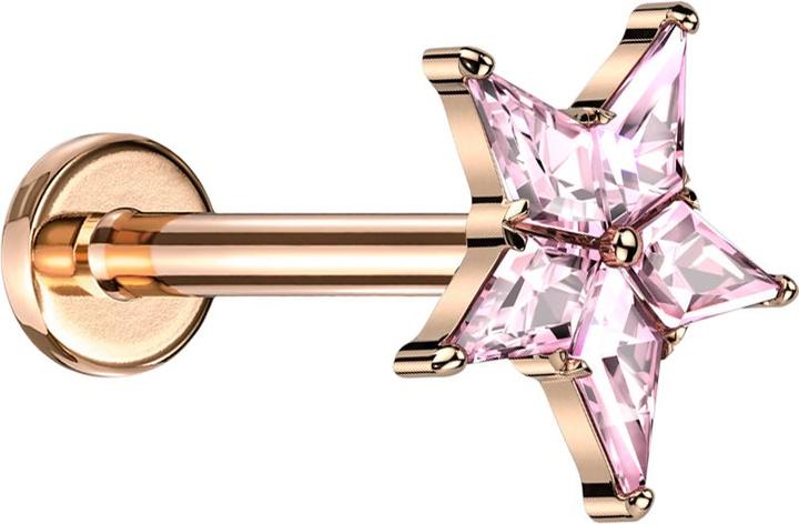 Star Piercing Micro Labret Innengewinde rosegold Stern silber Kristalle pink (ohne Messing, Titan G23)
