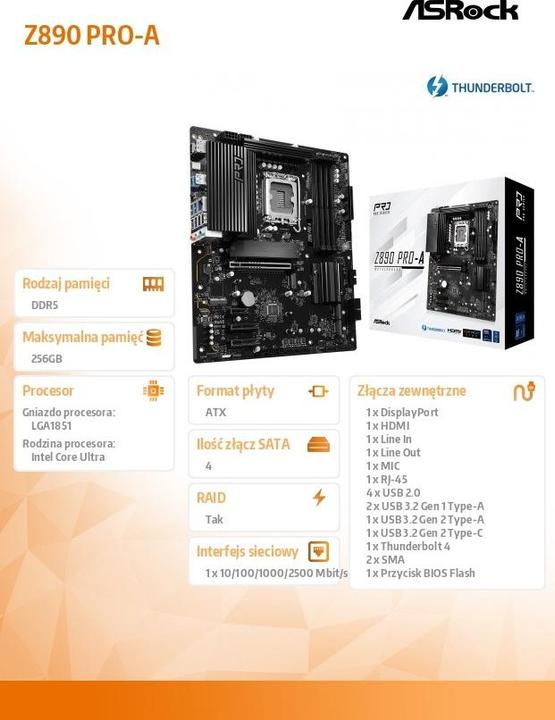 Image du produit AsRock Z890 Pro-A Intel DDR5 S1851 (Prise S1, Intel Z890, ATX)
