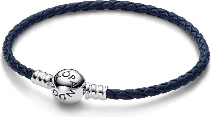 Pandora Moments Blaues Geflochtenes Lederarmband mit Kugelverschluss (19 cm, Leder, Sterlingsilber)