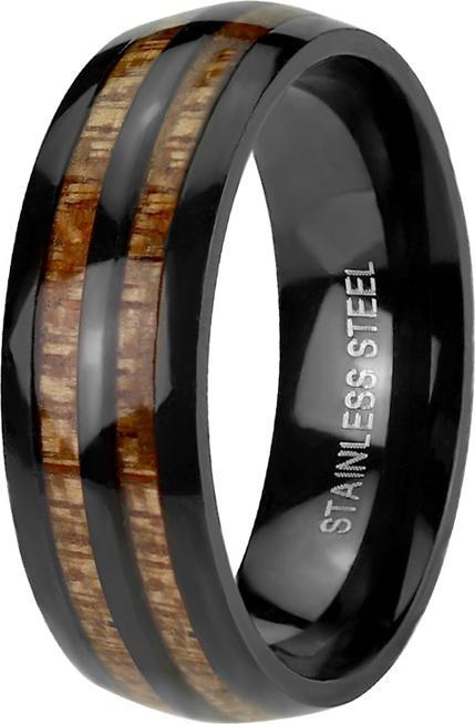 Star Piercing Ring schwarz mit zwei Holzstreifen (Chirurgenstahl 316L, ohne Messing)