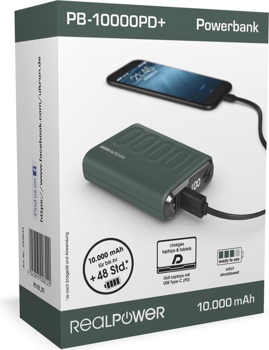 Produktbild RealPower Powerbank PB-10000 PD+ Midnight (10000 mAh, 36 Wh)