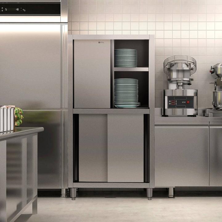 Produktbild Royal Catering Geschirrschrank Edelstahl Hochschrank Vorratsschrank Schiebetüren Breite 100 cm