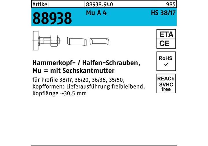 Produktbild Halfen Hammerkopfschraube R 88938 Typ 38/17 6-kantmutter M 10 x 30 Mu A 4 (50 Schrauben pro Stück)