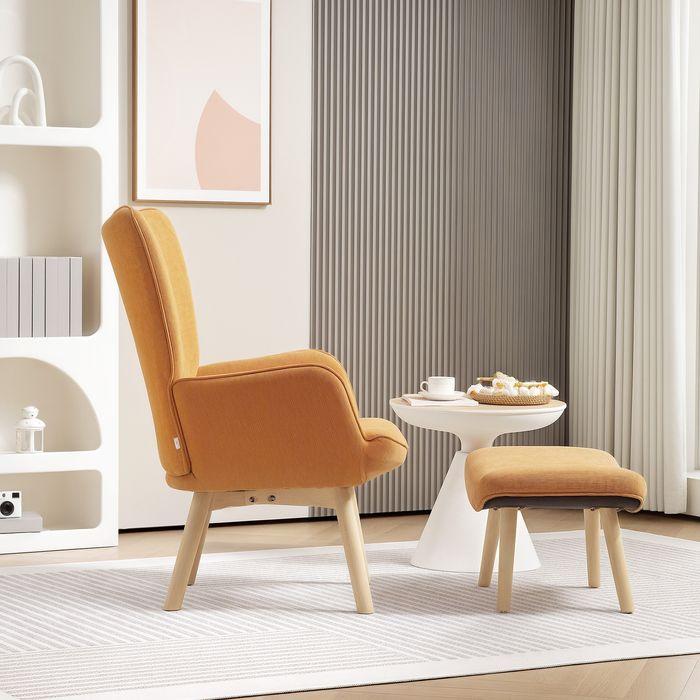 Produktbild Swisshandel24 Sessel mit Hocker, Ohrensessel mit Hoher Rückenlehne, Holzbeine, Cord, Braun