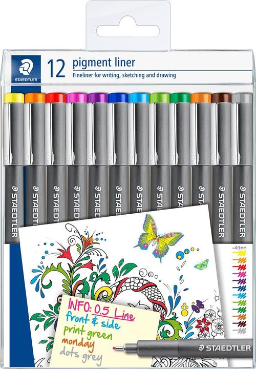 Produktbild Staedtler pigment liner 308 Fineliner Box mit 12 pigment liner farbig 0.5 mm, sortiert (Orange, Gelb, Hellbraun, Fuchsia, Violett, Grün, Blau, Grau, Rot, Hellgrün, Braun, Hellblau, 12 x)