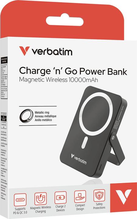 Actual product image Verbatim Charge ‘n’ Go Power Bank with Stand Magnetic Wireless 10000mAh - Black (10000 mAh, 35 W, 37000 Wh)