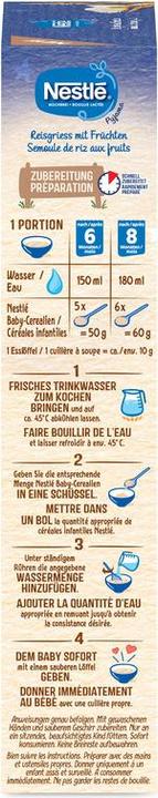 Nutritional values and ingredients Nestlé Semoule de riz Pyjama avec fruits 6 mois (250 g)