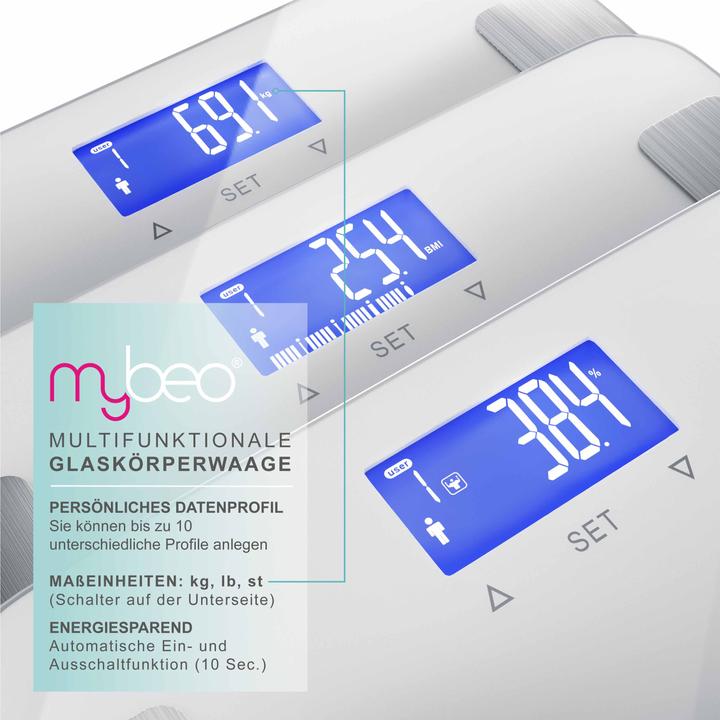 Produktbild Mybeo Digitale Körperfettwaage, LCD-Display, 7 Indikatoren. max. 10 Profile, Diagnosewaage, Analysewaage (180 kg)