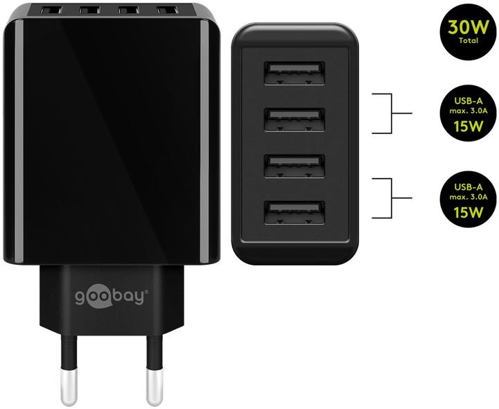 Produktbild Goobay 4-fach USB-Ladegerät, mehrfach USB-Ladegerät, 30W, lädt bis zu 4 Geräte gleichzeitig, schwarz (30 W)
