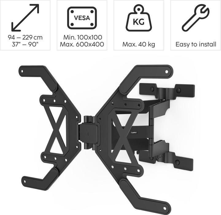 Produktbild Hama TV-Wandhalterung, schwenkbar, neigbar, extra flach, 229 cm (90") bis 40 kg (Wand, 90", 40 kg)