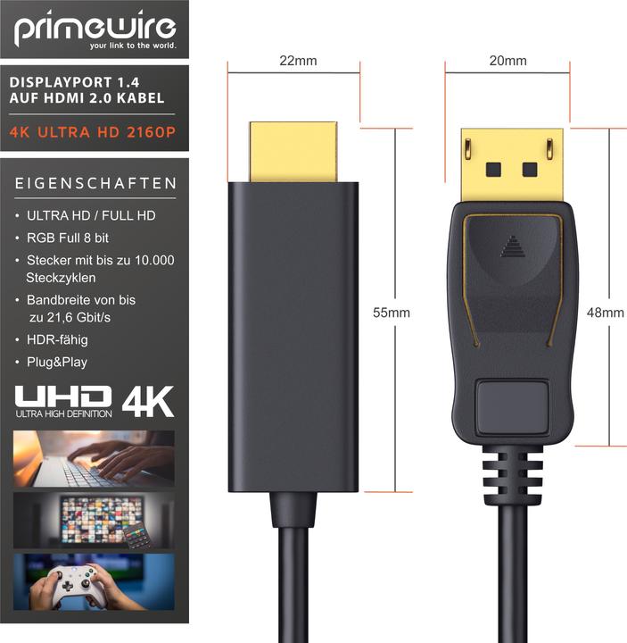 Produktbild Primewire 4k DisplayPort auf HDMI Kabel, DP 1.4 zu HDMI Konverterkabel, Adapterkabel, UHD 2160p 4K 3840 x 2160 (3 m, DisplayPort)