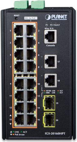 Produktbild Planet Industrial 16-Port 10/100/1000T PoE Switch 2-Port Gigabit Uplink + 2-Port Gigabit SFP Uplink managed (16 Ports)