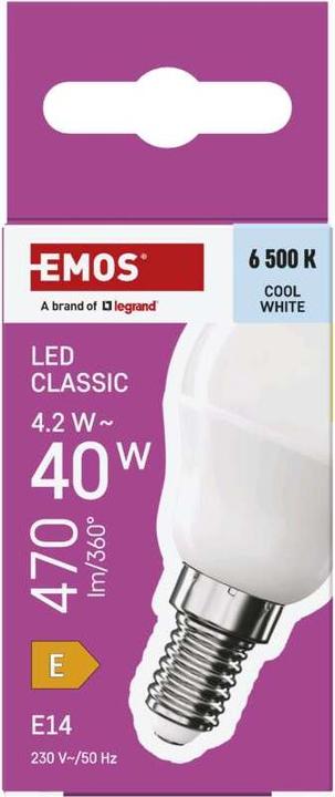 Produktbild Emos LED Lampe Classic Mini Globe / E14 / 4,2 W (40 W) / 470 lm / Kalt-Weiss (E14, 4.20 W, 470 lm, 1 x, E)