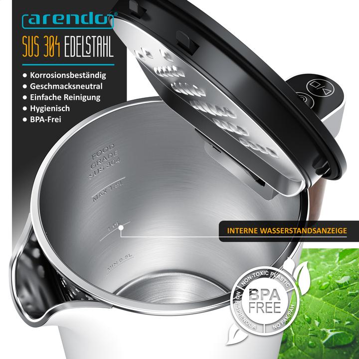 Actual product image Arendo Wasserkocher 1,5 L Edelstahl, Warmhaltefunktion, Temperatureinstellung, Griff in Holzoptik, 2200 W (1.50 l)