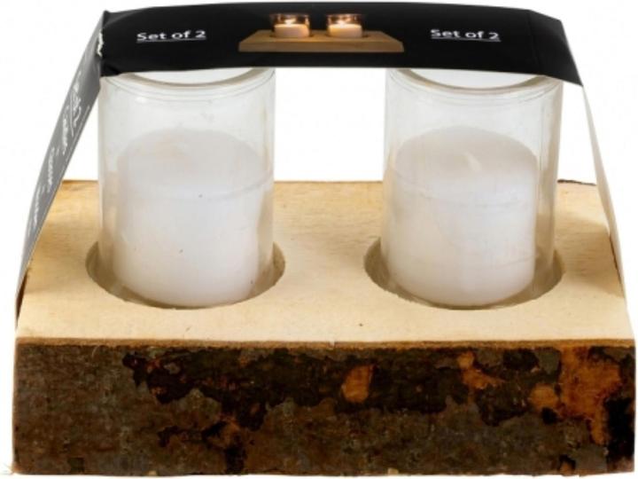 Produktbild IKO 2 Glaswindlichter mit Kerze (weiss) auf einer Holzp (2 x, 19 x 15 x 12 cm)
