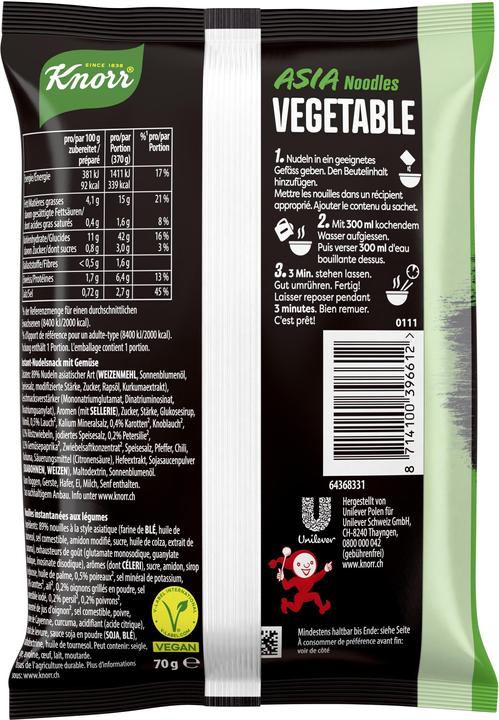 Immagine prodotto Knorr Asia Noodles Vegetable pouch, noodles asiatici istantanei con verdure, preparati in 3 minuti (70 g)