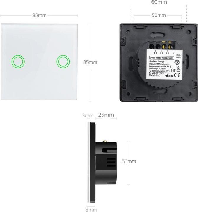Actual product image Maclean Touch light switch, double, glass, white with round button Energy MCE704W, dimensions 86x86mm, with