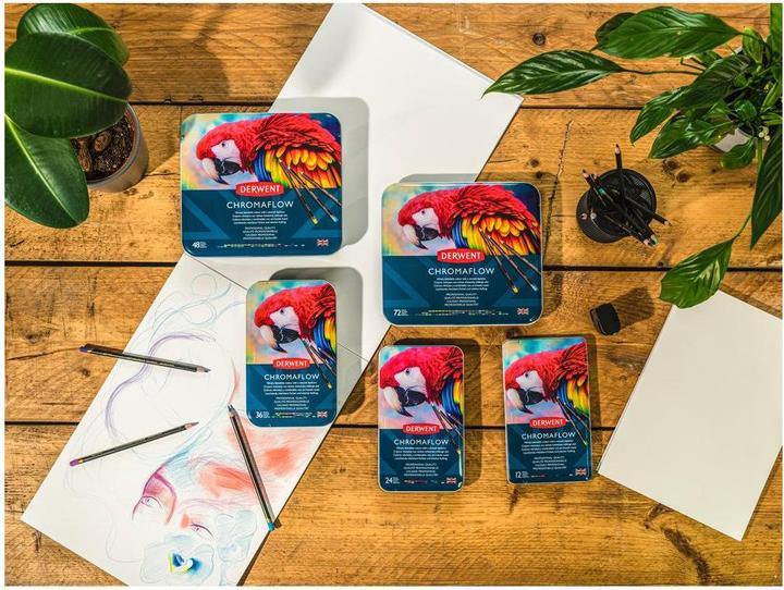 Actual product image Derwent Chromaflow coloured pencils (Blush Pink, Fleming, Natural Brown, Scarlet, grass green, Denim, Sun Yellow, Blue, Basil, Black, Lilac, White, 12 x)