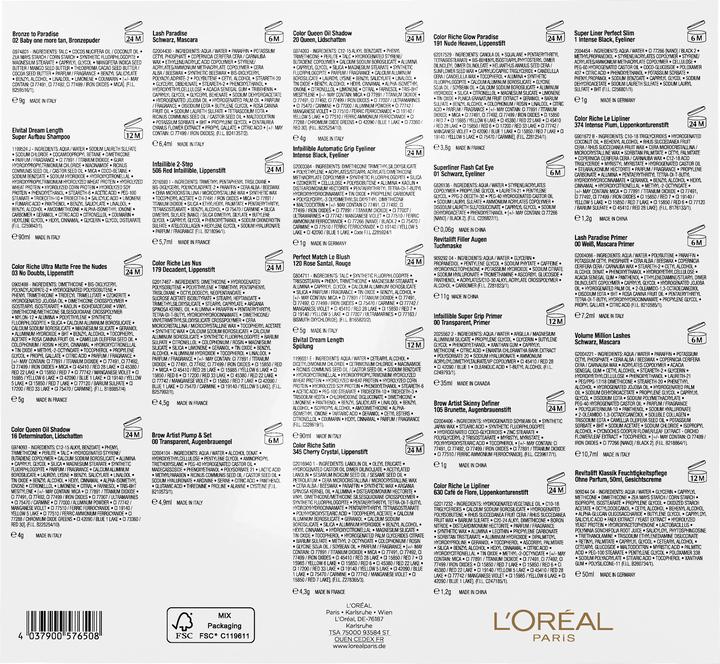 Valeurs nutritives et ingrédients L'Oréal Paris Calendrier de l'Avent de la beauté de 24 jours