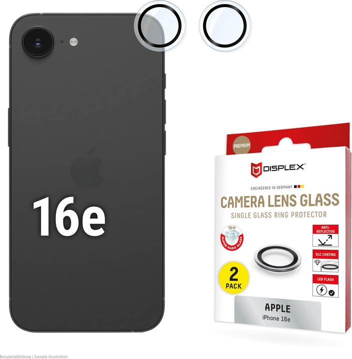 Produktbild Displex Premium Camera Lens Glass, Kamera Schutzglas, Einzelringe, Doppelpack (2 Stück, Apple iPhone 16e)