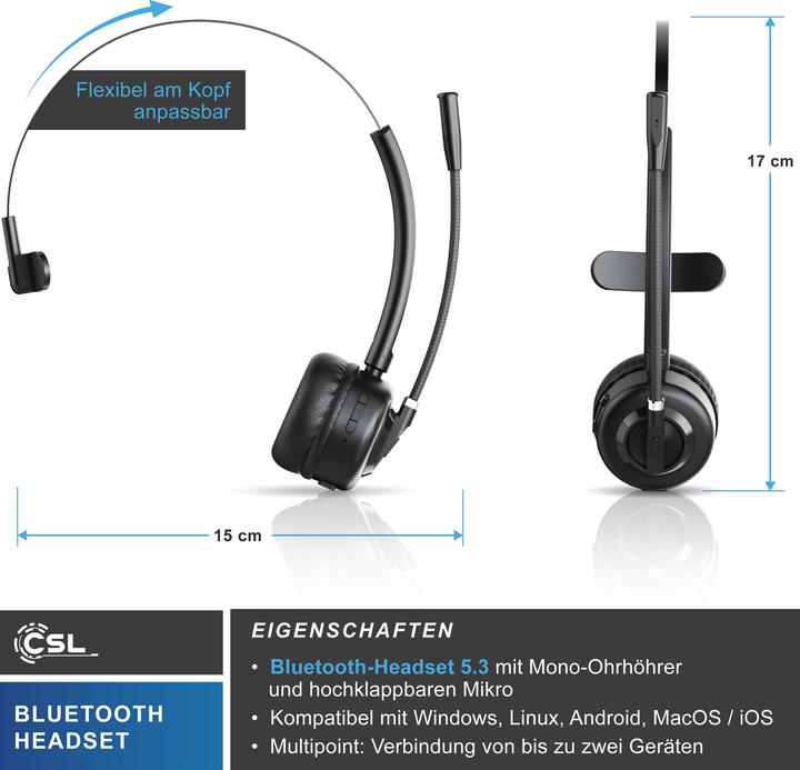 Produktbild CSL Wireless-Headset, Bluetooth Kopfhörer, Mikrofon, Ladestation, Noise Cancel, Multipoint, BT 5.3 (Kabellos, USB-A)