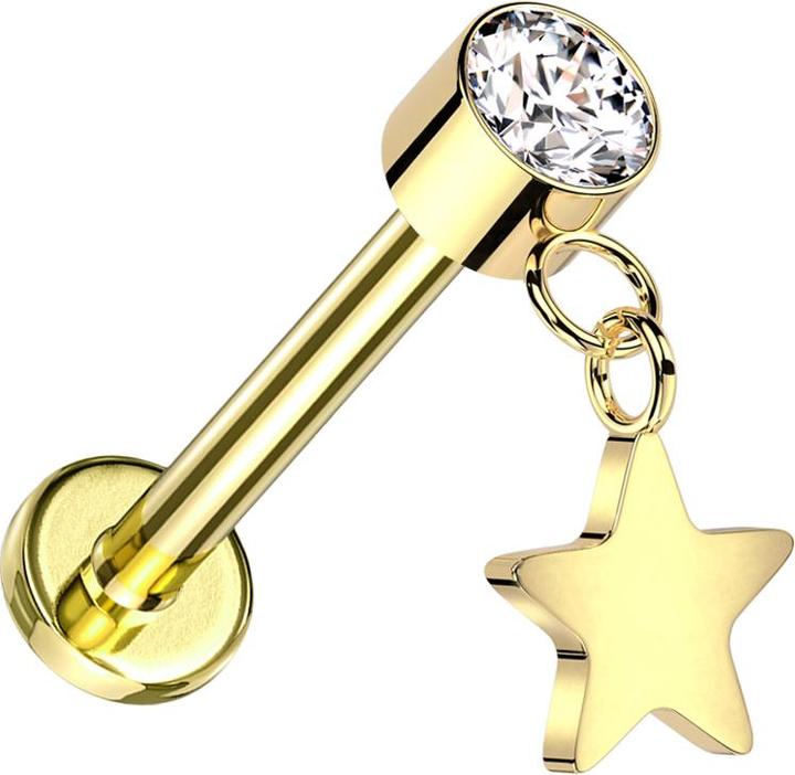 Star Piercing Micro Threadless Labret vergoldet Zylinder vergoldet Kristall silber Anhänger Stern vergoldet (ohne Messing, Titan G23)