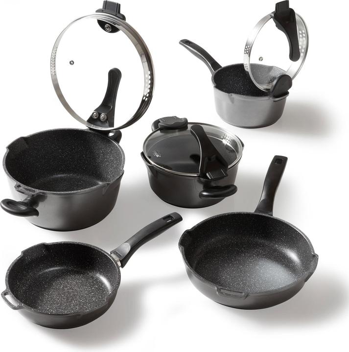 Actual product image Stoneline Future 8-piece pot set with strainer lids, coated pots, pans Induction suitable (24 cm, Pot, Frying pan, Saucepan, Casserole + Stewpot, Cast aluminium)