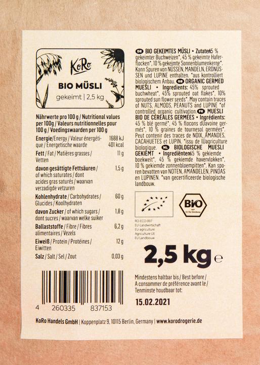 Valori nutrizionali e ingredienti KoRo Muesli biologico germogliato (2500 g)