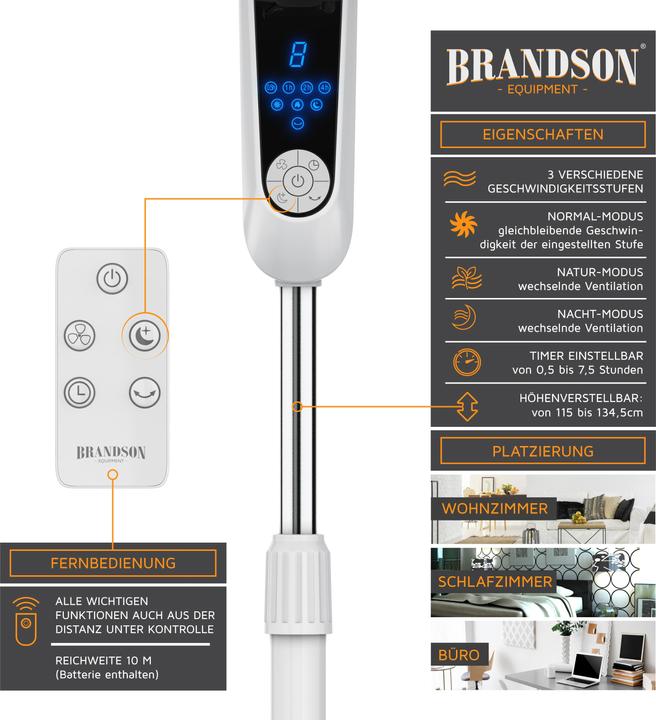 Immagine prodotto Brandson Ventilatore a piantana 40 cm Ø, telecomando, display, oscillazione, regolabile in altezza e in (57 dB)