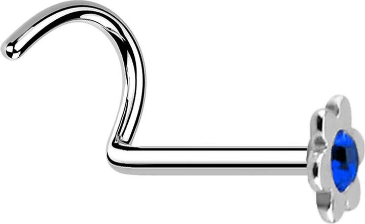 Star Piercing Nasenstecker gebogen silber mit Blume und Kristall dunkelblau (ohne Messing, Chirurgenstahl 316L)