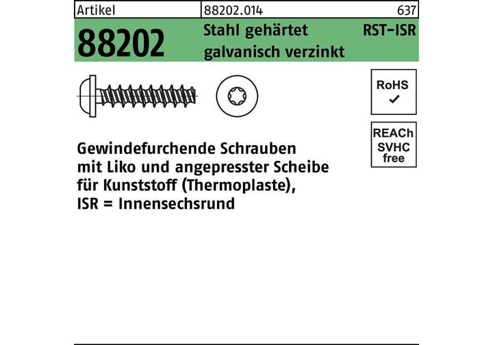 Produktbild Gewindefurchendeschraube R 88202 Liko ISR 3 x 12 -T10 Stahl gehärtet galvanisch verzinkt (1000 Schrauben pro Stück)