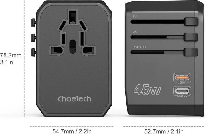 Produktbild Choetech PD6045 USB-C USB-A 45W GaN Reiseladegerät mit US EU UK AU Steckern – Schwarz (45 W)