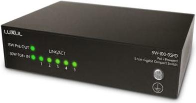 Actual product image Luxul Wireless SW-100-05PD Network Switch Unmanaged Power over Ethernet (PoE) Black