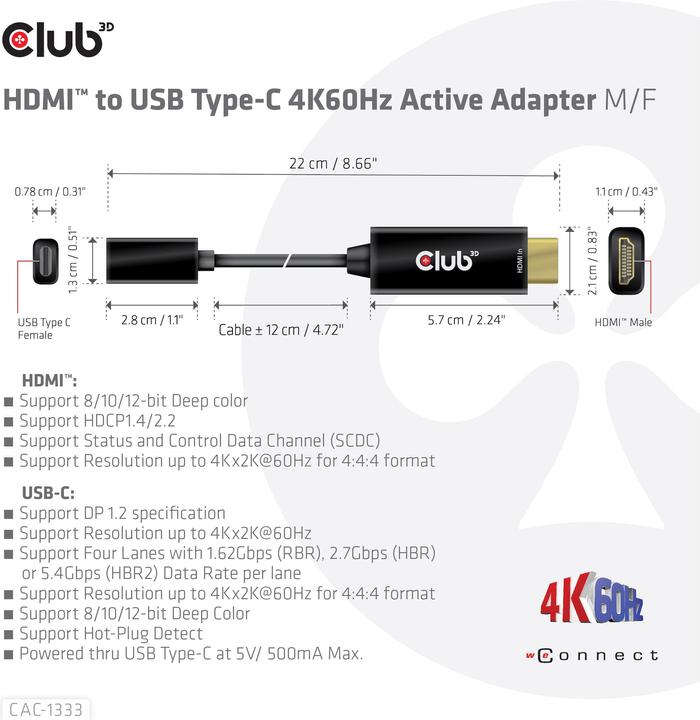 Actual product image Club 3D HDMI (Typ A) — USB C (HDMI, USB-C, 2.20 cm)