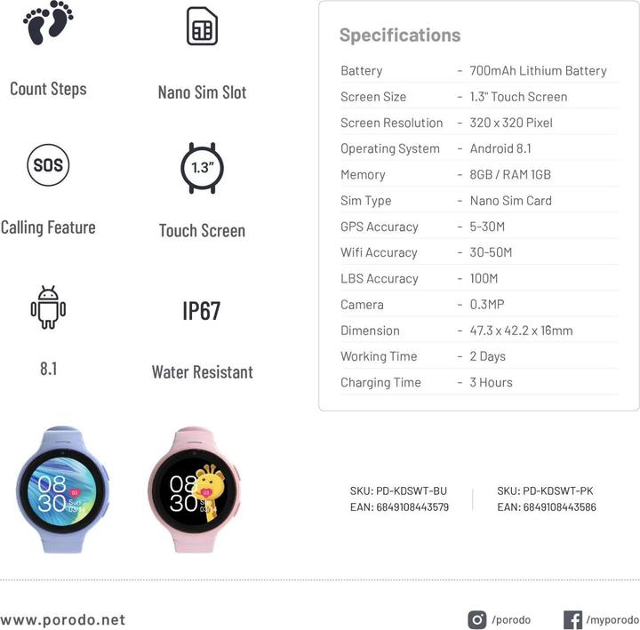 Immagine prodotto Porodo Orologio intelligente per bambini (42.20 mm, 4G)