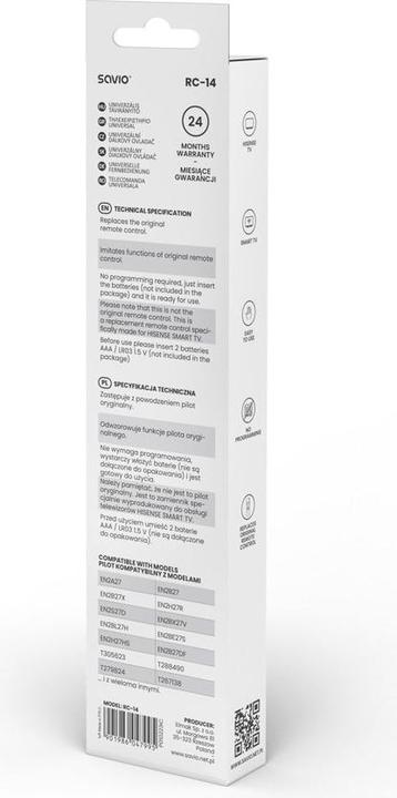 Produktbild Savio RC-14 Universal-Fernbedienung/Ersatz für HISENSE SMART TV (Universal Fernbedienung, Infrarot)